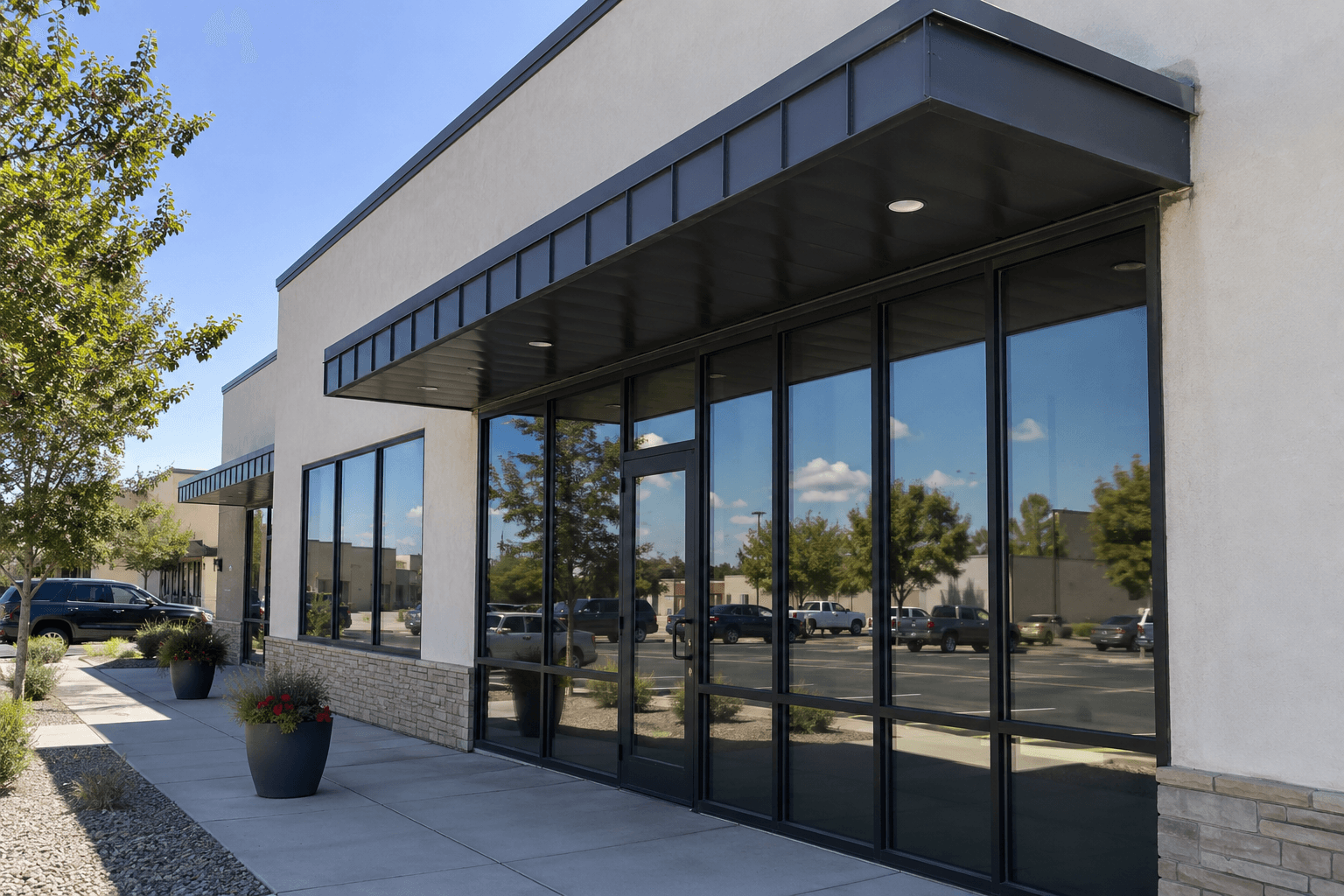 Commercial storefront with clean glass windows and entrance