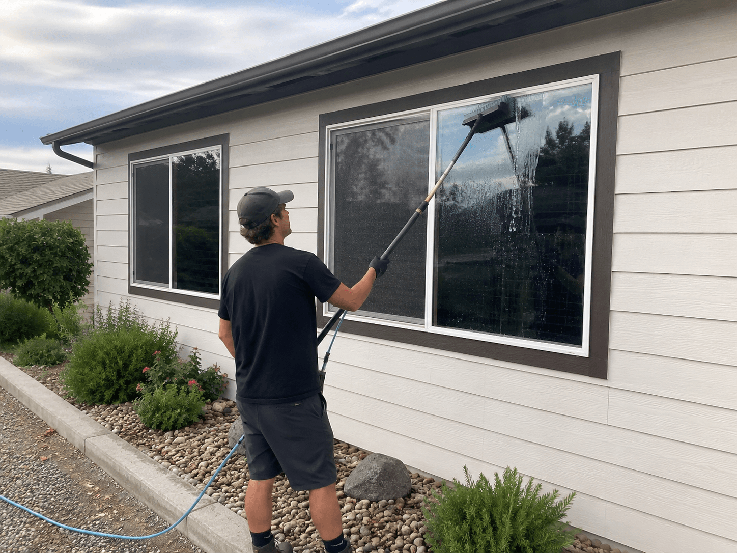 Technician using an extension pole and squeegee to clean a window