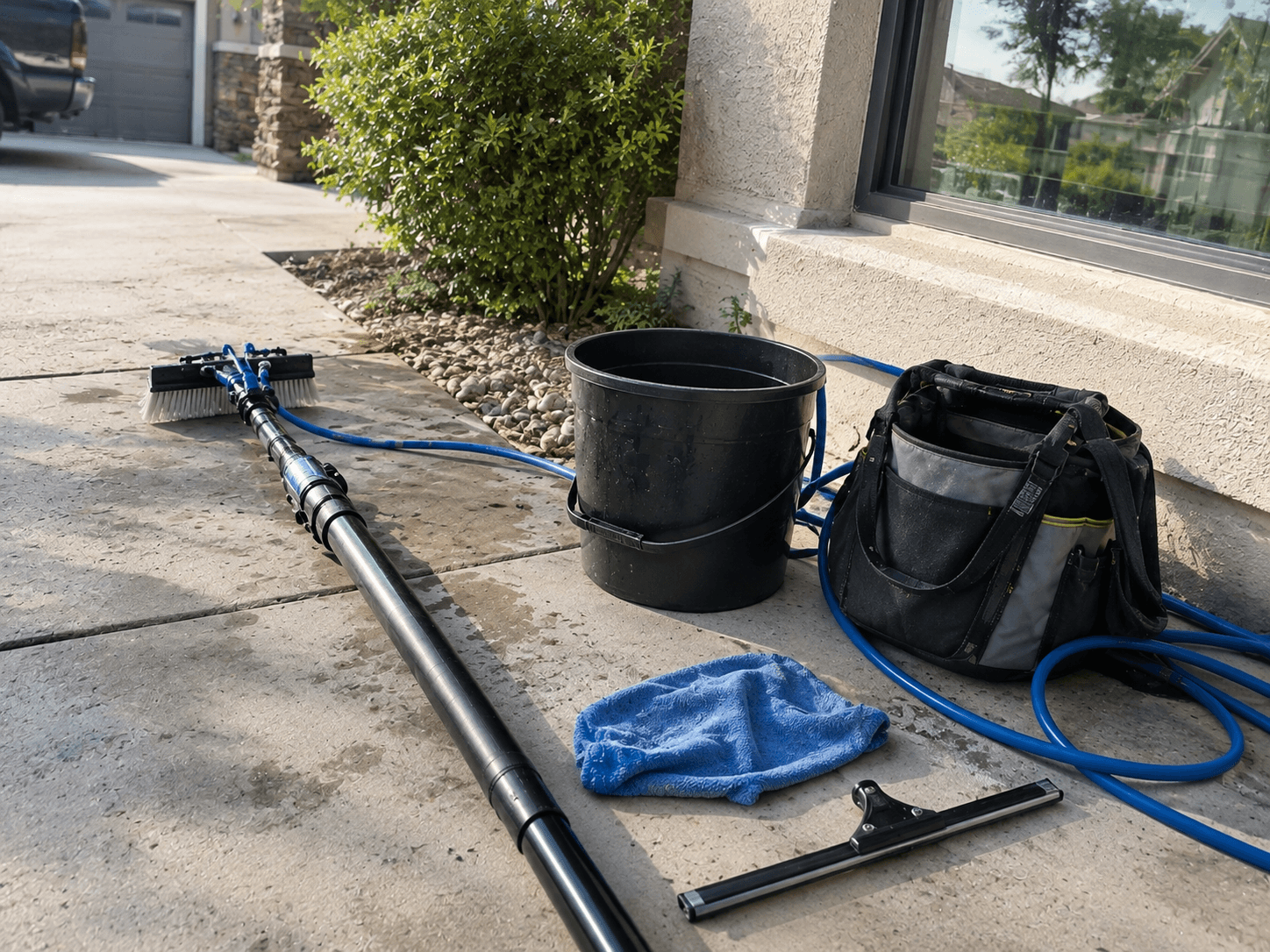 Window cleaning equipment on a driveway, including a water-fed pole, bucket, squeegee, and tool bag