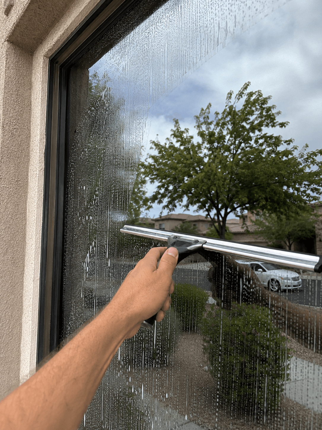 Close-up of a hand using a squeegee to clear soap and water from a window