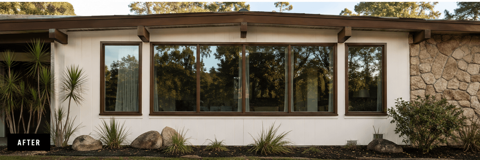 Same residential home exterior after Skins window cleaning, with clear windows and clean siding
