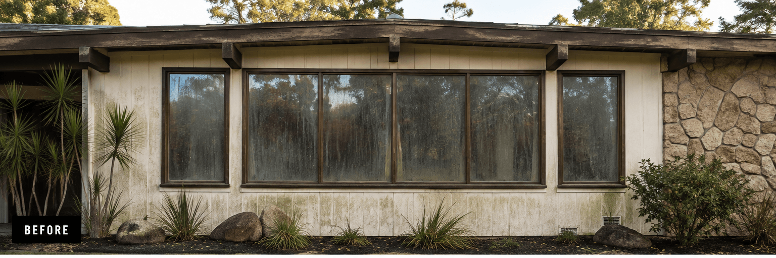 Residential home exterior before Skins window cleaning, with hazy, streaked windows and dust-stained siding